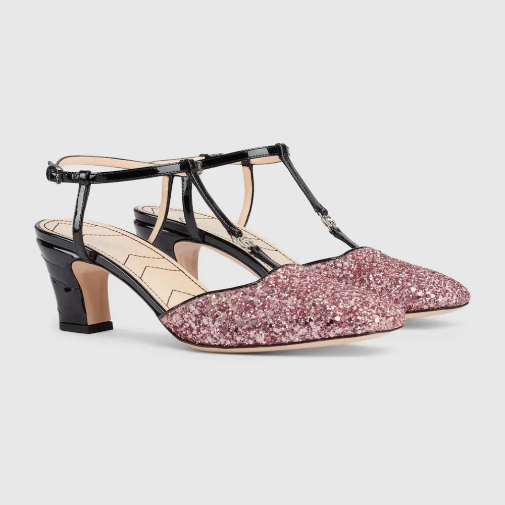 New Gucci SLINGBACK PUMP WITH DOUBLE G size 38, US 7.5 pink sparkling
